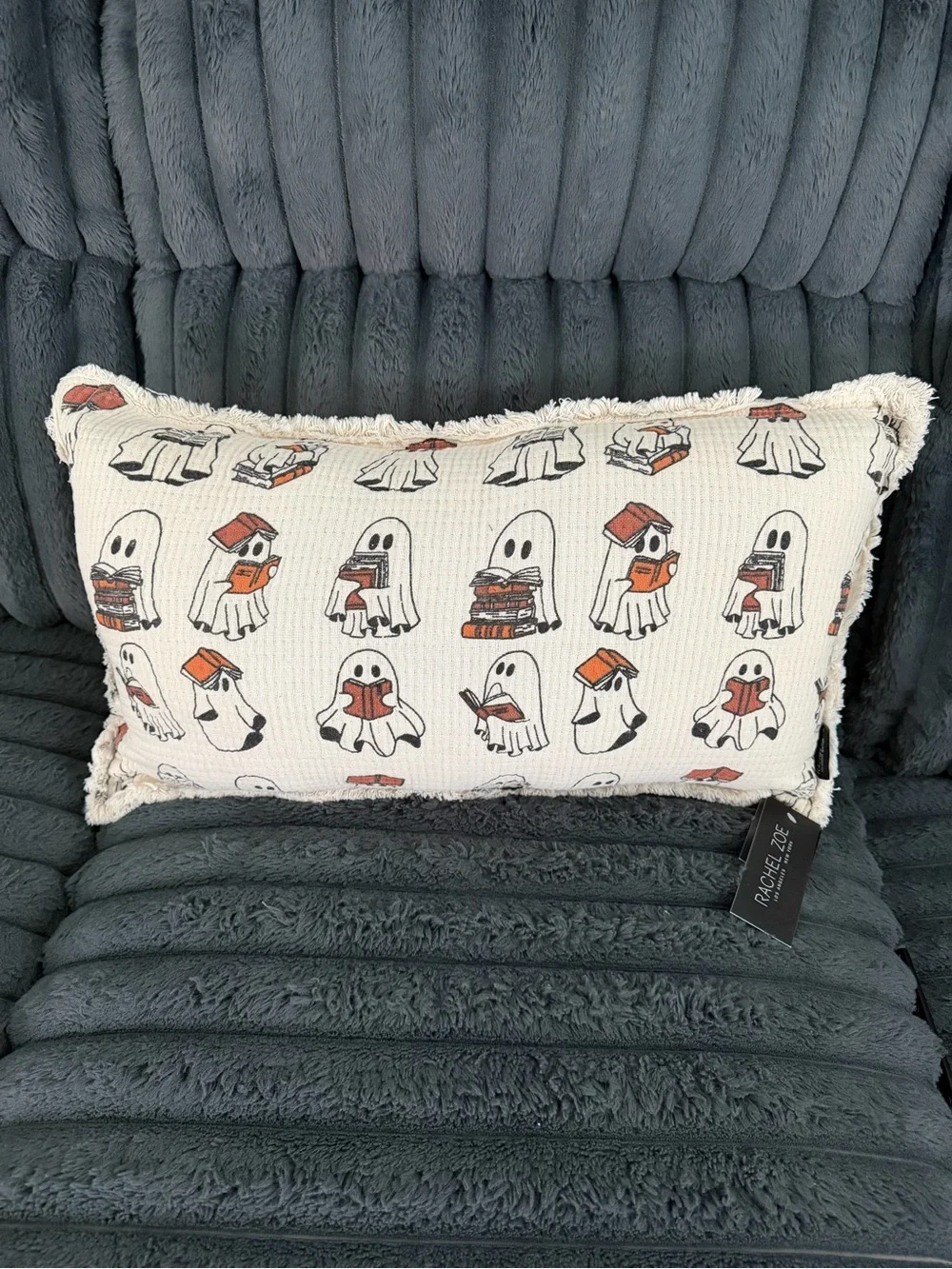 Rachel Zoe Halloween Reading Ghosts Decorative Lumbar Pillow Fringed Ivory NWT